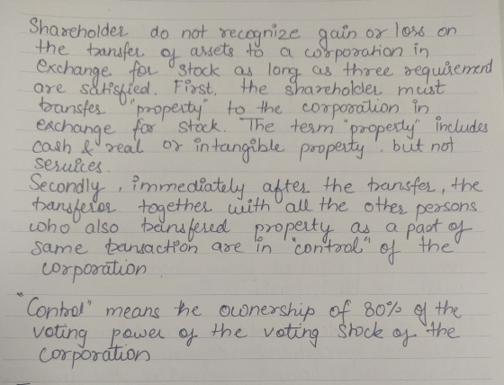 Shareholder do not recognize gain or loss on the transfer of assets to a corporation in exchange for stock as long as three r