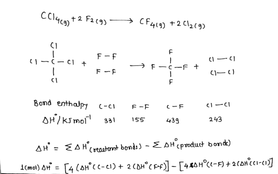 CClycq + 2 F219) — → CF419) +261269) T F -f 01- 01 CI--Cl + 1 F -F ( u Bond enthalpy C-ci DHYKJ mort 331 E-F 155 C-F 439 C1-C