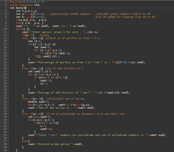 WN } } 1 #include<bits/stdc++.h> 2 using namespace std; 3- int main(ok 4 int x,y,n,i,j; 5 int a=rand()%31+10; //generating ra