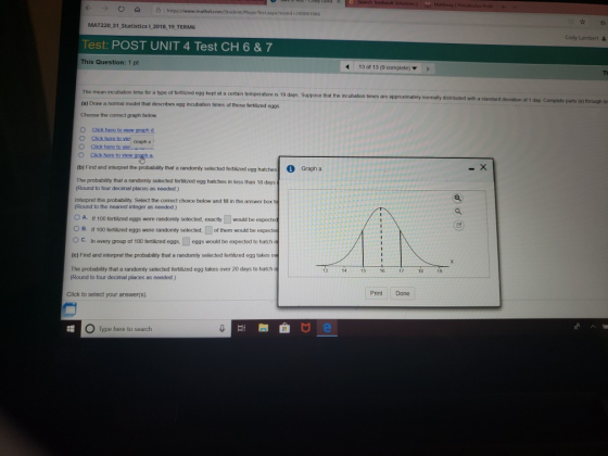 hitps:/www.mathal.com/student/Player Test asps ?testid = 20000 1086 ☆証 MAT220 31 Statistics 1 2018 19 TERM6 Cody Lambert a Te