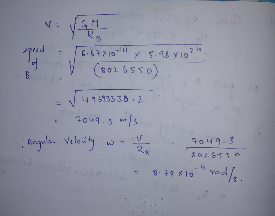 speed = 16.67X10 11 X 5.98x1024 of V (802 655.0) Booza 49693338.2 - 7049.3 m/s :. Angular Velocity w = 8 – 7049.3 8026550 2oo