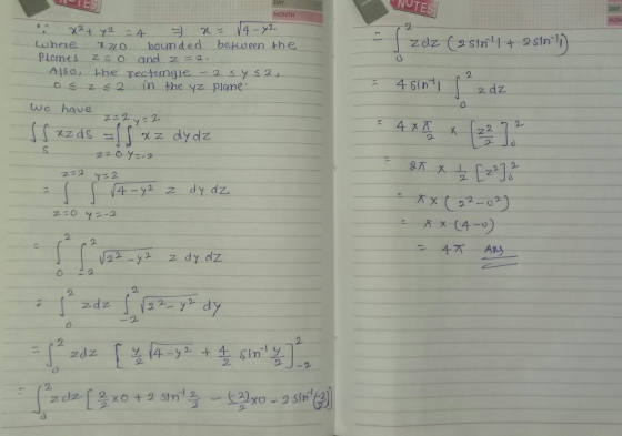 DAY NOTES DAY MONTH MON 2 heseنيا x2 + y2 = 4 7 x = /4-12 2710 bounded between the Plomes z = 0 and z=a. Also, the rectemgle