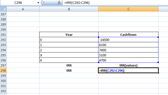 C298 IRR(C292:C296) Year 292 Cashflows |-14500 6100 7400 5100 4700 IRR values) =IRR(C292:C296) 295 297 IRR IRR 298 299 300 30