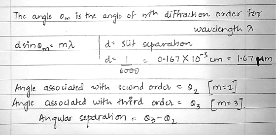 The angle on is the angle of with diffraction order for wavelength a asinon mi de slit separaben 0.1678 103 cm = -1.67 pm de