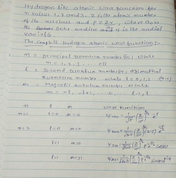Hydrogen like atomic wave function for n values 1, 2 and 3. z is the atomic number of (to nucleces and przr, whove dois the B