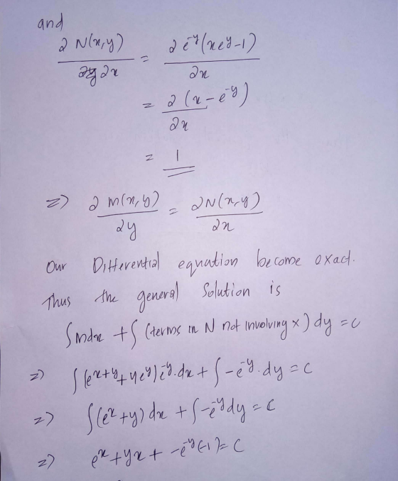 and 2 N(x,y) Pyar deh (ned-1) an an Z an Our the 2) 2 miny? 2N(ny) ay Ditterential equation become exact. Thus general Soluti