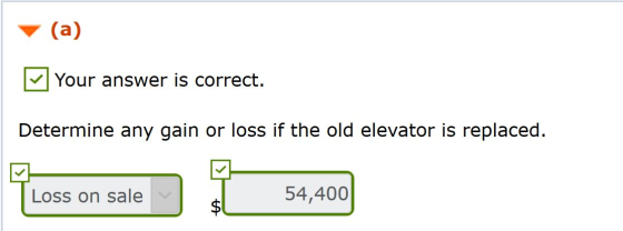 (a) Your answer is correct. Determine any gain or loss if the old elevator is replaced. 54,400 Loss on sale