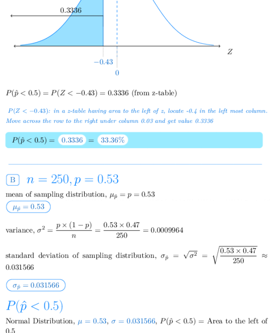 0.3336 0.43 P(p< 0.5)-P(Z< -0.43) 0.3336 (from z-table) P(2-0.43): in a z-table having area to the left of z, locate -0.4 in