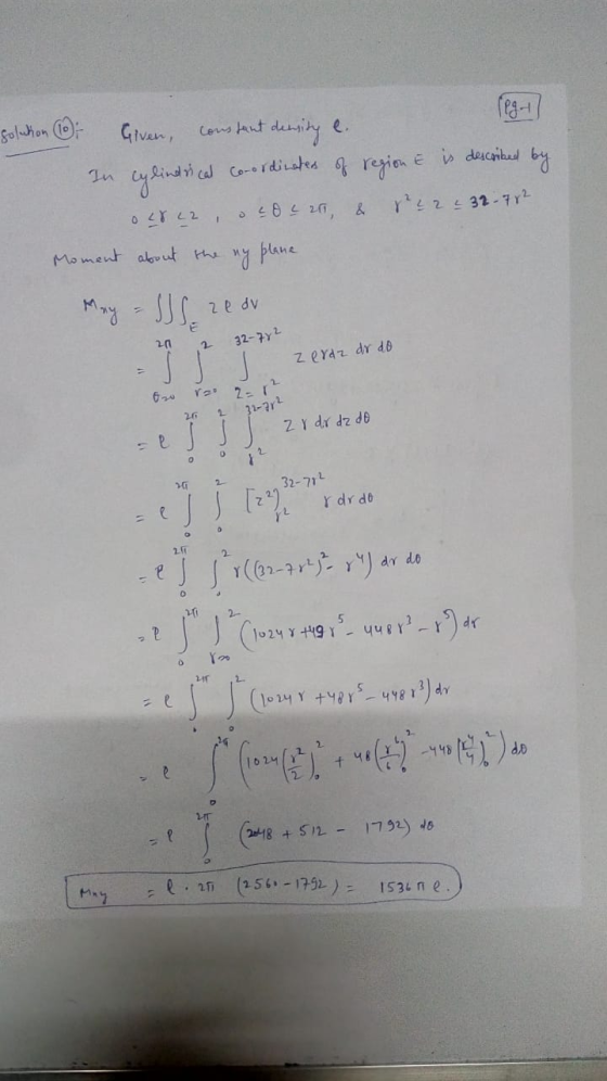 solution of Co-ordinates pg Given, constant density e. In cylindrical E is described by of region ²2 232.782 OL8L2 20 e 21, &