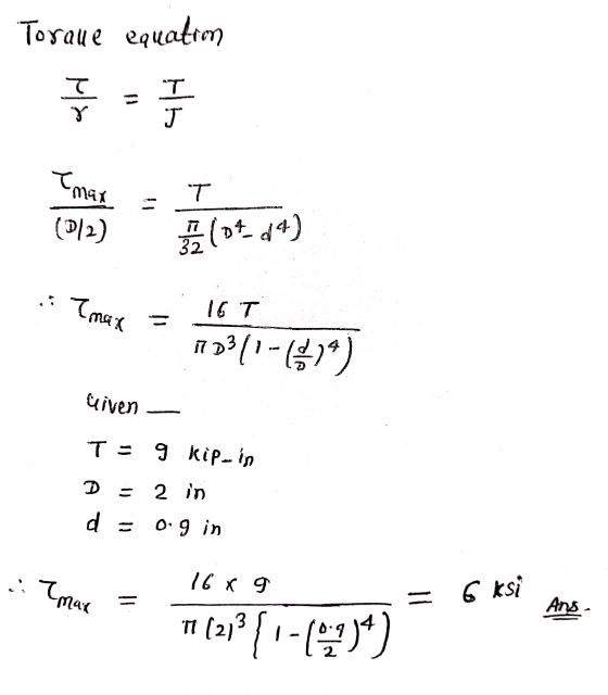 Toraue equation тят тях T (2) (*- 4+) Тя К 1. Т пъ9(1-13 *) uiven Т9kip- ір — 2 р d = 0.9 in .: Утас 10 x 9 6 ksi Ang 3 п (ау