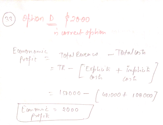 (33) Ophion D $2000 is correct option Econonomic = . Total Revence profit - Totallest - TR - [Explicit timphet 1 Cost = 15000