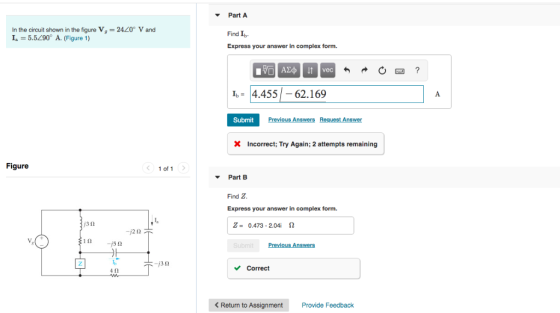 Part A In the circuit shown in the figure Vg-2420 V and I 5.5290° A. (Figure 1) Find Ib Express your answer in complex form.