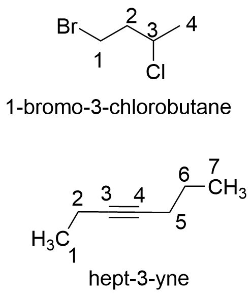 2 Br 4 3 1 CI 1-bromo-3-chlorobutane 6 7 CH3 2 3 4 5 H3C 1 hept-3-yne
