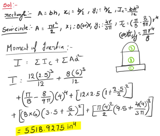 ; na Sol:- Testeryl: A:bh, xi=% 1 8;= We dea Searcircle.- A - PE, X1:0corte, y TC- centraty Moment of Inertia :- I: EIC + End