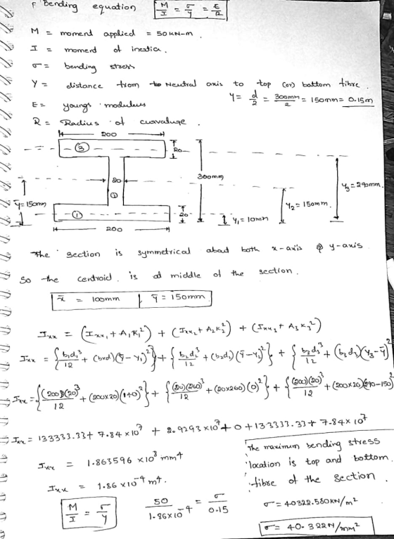 & Bending equation = 5 = M = moment applied = 50 KN-m moment of ineatic. EH 62 bending Stsers distance from to Neutral anis t