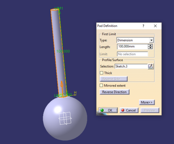 Pad Definition First Limit lype Length: 100.000mmm Limit: Dimension 100000 No selection Profile/Surface Selection: Sketch.3 □