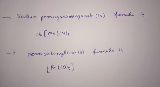 - Sodium pentalyano manganate (IV) formula y Na[mn (N), penta carbonylson (o) formula is [Fe (10)