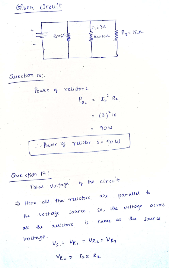 Given circuit Г: ЗА t R₂= =1s REISA Razor Question 13 Power of of resistora Per = I ² Re (3)+10 - 9ow resistor ... Power of 2