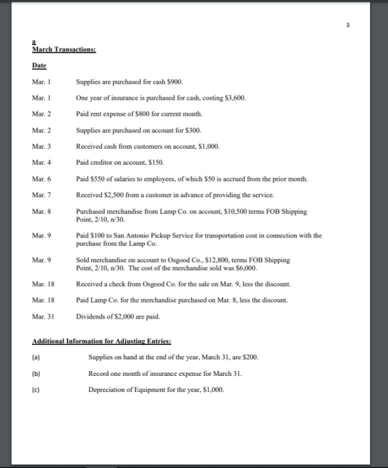 March Transactions: Date Mar. 1 Supplies are purchased for cash $900. Mar. 1 One year of insurance is purchased for cash, cos