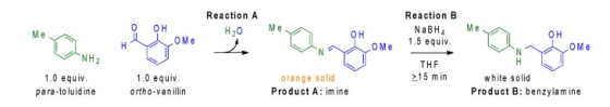 M e NH 1.0 equiv. para to luidine Reaction A Reaction B 0 H H20 M e NaBH Me 0 H 0 H Me oMe 1.5 equiv OM e THF 1.0 equiv. 15 min orange solid white solid ortho-vanillin Product A: im ine Product B benzyla mine