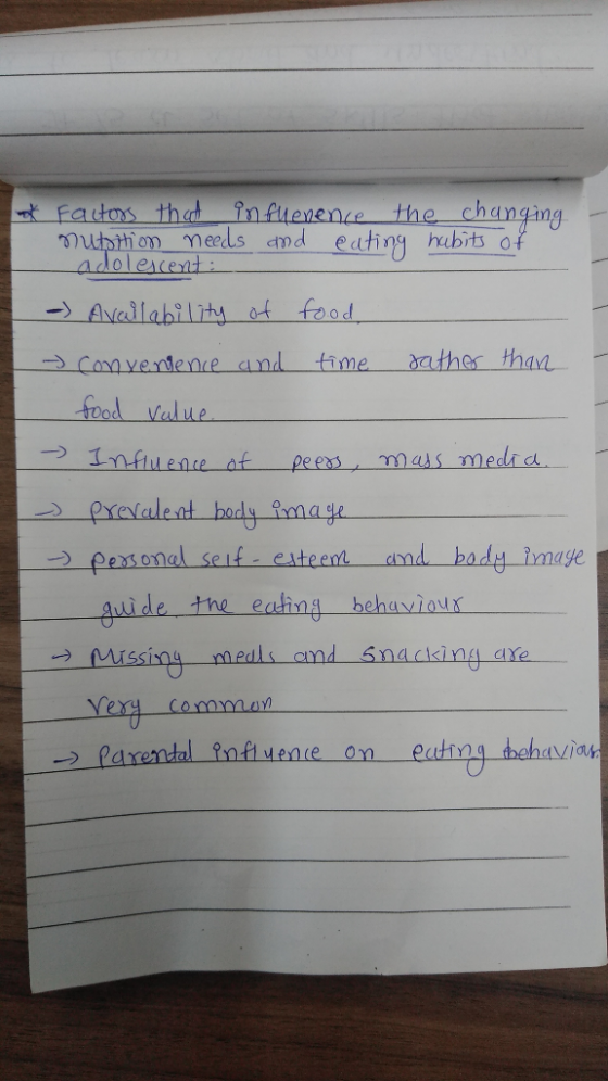 * Factors that inflenence the changing nutsition needs and eating habits of adolescent: -) Availability of food - Convenience