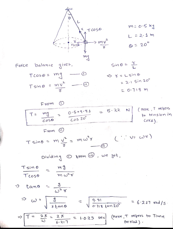 L m=0.5kg Tcoso L = 2.1 m ~mv² Tsina o o = 20° mg Force Sino = L balance gives, Tcoso = mg => 8= L sino = 2.1 Sin 20° T sino