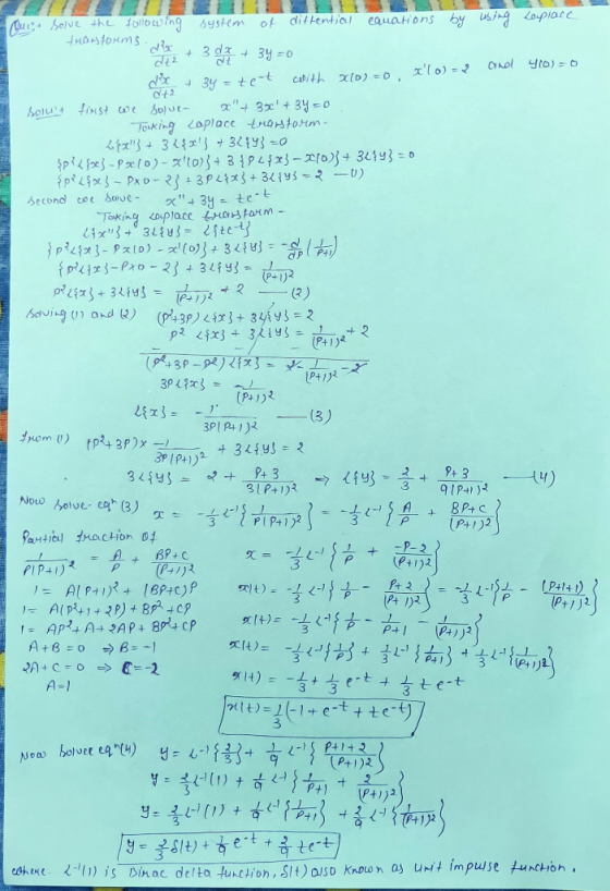 transforms vir 2 dx + 34 -0. 042 PU ou solve the following system of diftential canations by using Loeplace dez + 307 + 3y =0