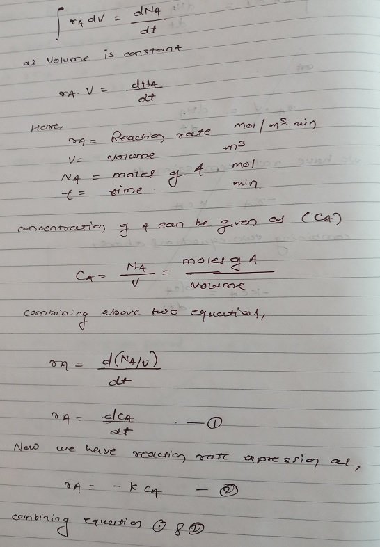ana ra av = dt is constant as Volume &A. V = dua at Here, moilms min seete sa= = Reactia voleme m3 mol a hores of min t= sime