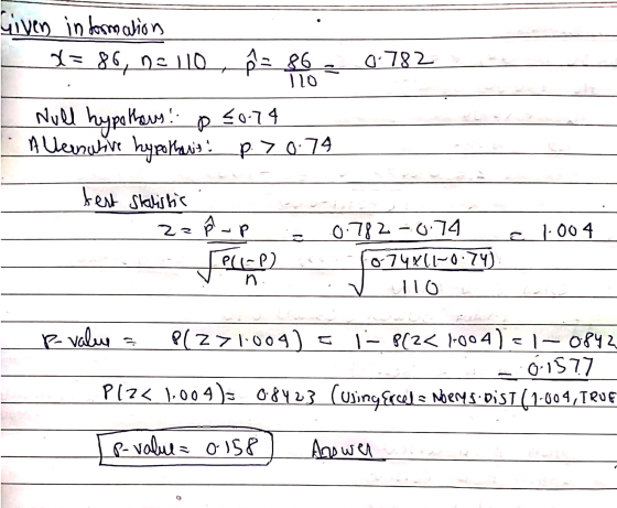given information 2386 ne 110 , p = 862 078 No Null hypothous! P5074 . Alternative hypotharis p.70.74 test Statistic 22 Ø-P .