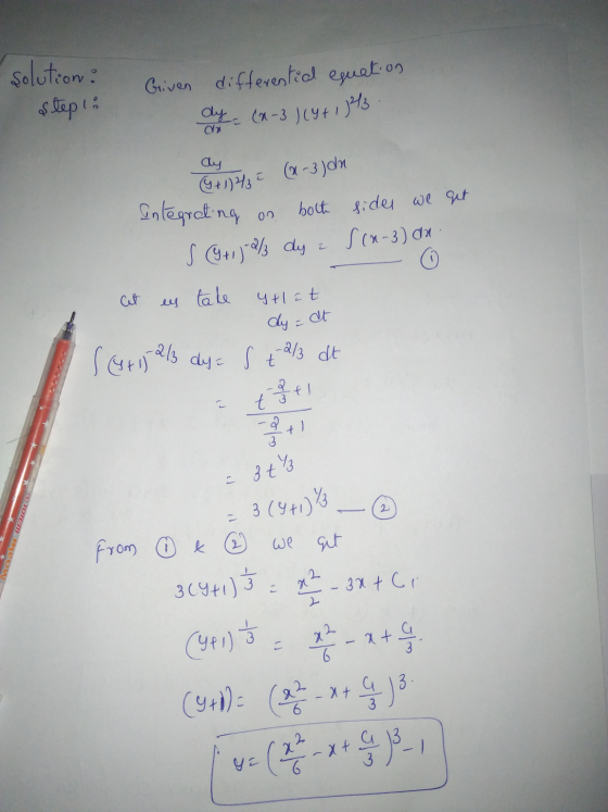 dy (n-3) (4+1) 4. solution: step Griven differential equation 0 dy 9 + 17/32 (x-3) dn Integrating 02 both sides we get s 9+,