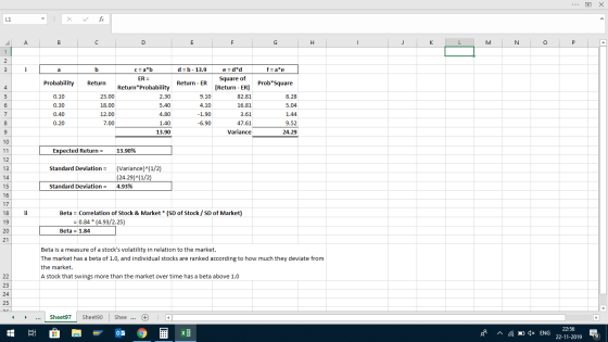 A B C D E F G H I J J K L M N O P 1 b d=b - 13.9 frate Probability Return - ER Prob*Square 0.10 0.30 0.40 0.20 c =a*b ER = Re