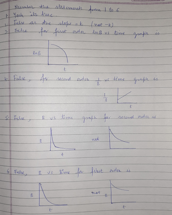 statements from 1 to 6 a 1 F 3 number yeah its False as False the time the for slope = k first ander l not I) en B vs time gr