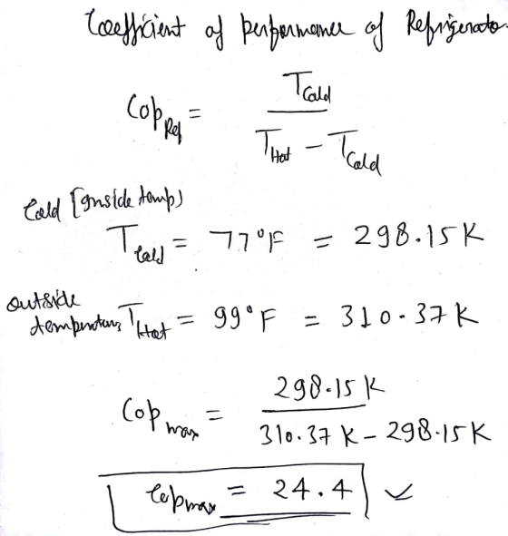 trefficient of performance of Refrigerato. coppy Coba Cold That - Teld Cold [Inside temps Team = 7705 = 298.15K outside tempe