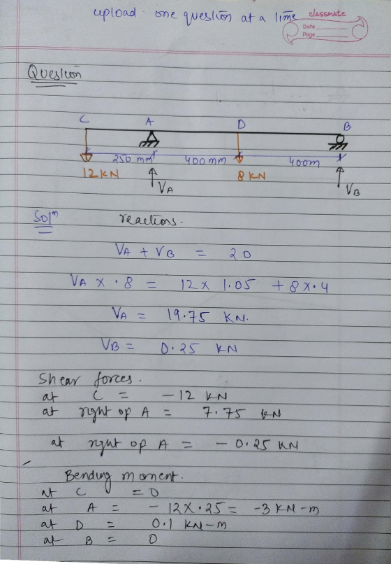 upload one question at a time dassnute Date Page Question D B. C A A $ 250 most 12KN 400mm yoom que & KN VO Solm reactions. V