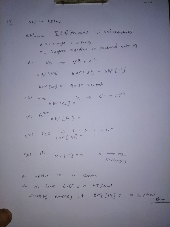 -S Δ Hp (products) reacthon Δ = A change in enthalpy CB) CS2 Lナ fe No changin 如 option E) is correc + chan