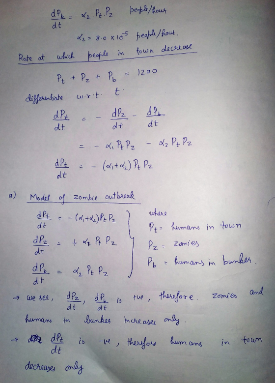 dPb = x₂ Pt. P2 people/hour dt L2 = 8.0x105 people /hour. Rate at which people in town decrease Pe + P₂ + Pb = 1200 different