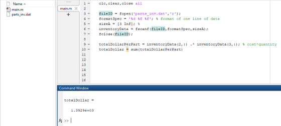 clc, clear, close all Name main.m parts_inv.dat main. mx fileID = fopen(parts_inv.dat, r); format Spec = %d %f %f; $for