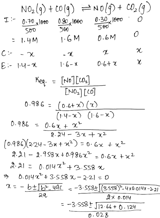 500 ca 2 NO2(g) + C019) =N019) + CO2(9) I:- 0.70 x1800 0.80 x 1000 0.30, 1900. O 500 soo = 1.4M 1.6M 0.6M 0:- -x Ei-1.4-1 1.6