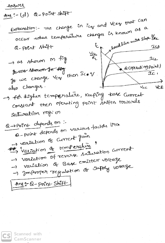 a load line with Slope You 163 xwe smonga tegmen Icev. - Vec VCE Answer Ans - (d) Q-point shift Explaination - The Change in