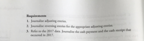 Requirements 1. Journalize adjusting entries. 2. Journalize reversing entries for the appropriate adjusting entries 017 data.