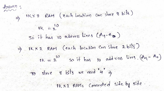 Anguen ; ☆ IKX8 RAM (each location can store 8 bits) Ik - Só it has 10 address lines (Aq-fo) ik x2 RAM (each location Can Sto
