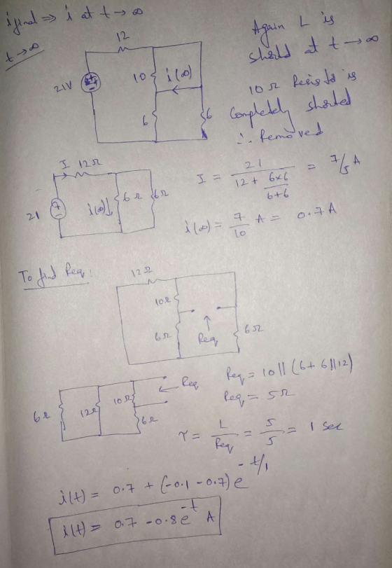find i at t a 12 108 i (0) 21V Again Lis should at t o 1or Resisto is Completely shorted - Removed I 122 21 - PA 12+ 6x6 6+6