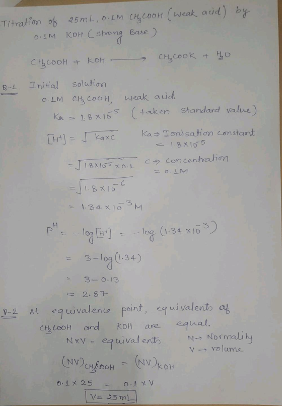 -Titration of 25mL, O. IM CH₂COOH (weak acid) by 0.1M KOH (strong Base ) CHCOOH + KOH CH₃Cook + H2O 8-1. Initial solution 0.1