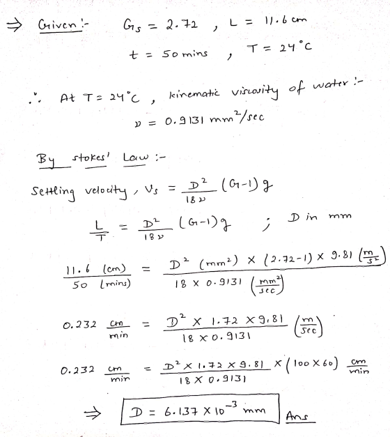 Griven :- Gs = 2.72 X L = 11obcom T= 24°C t = 50 mins 2 ,, osity of water :- At T = 24°C, kinematic viscosi » = 0.9131 mm mm2