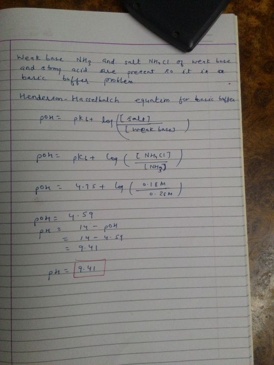 Weak base NH₃ and salt Nhy Cl of weak base and strong acid are present so it is a baric buffer prothen Henderson - Hasselbalc