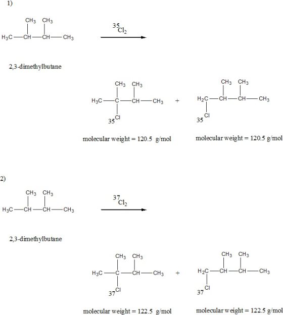 CH3 CH3 35 Cl H3CCH-CH-CH3 2,3-dimethylbutane CH3 CH3 CH3 CH3 HaC_ -C-CH-CH3 H2CCH CH-CH3 Cl 35 CI 35 molecular weight- 120.5