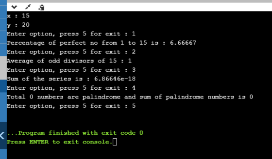 x : 15 Y : 20 Enter option, press 5 for exit : 1 Percentage of perfect no from 1 to 15 is : 6.66667 Enter option, press 5 for