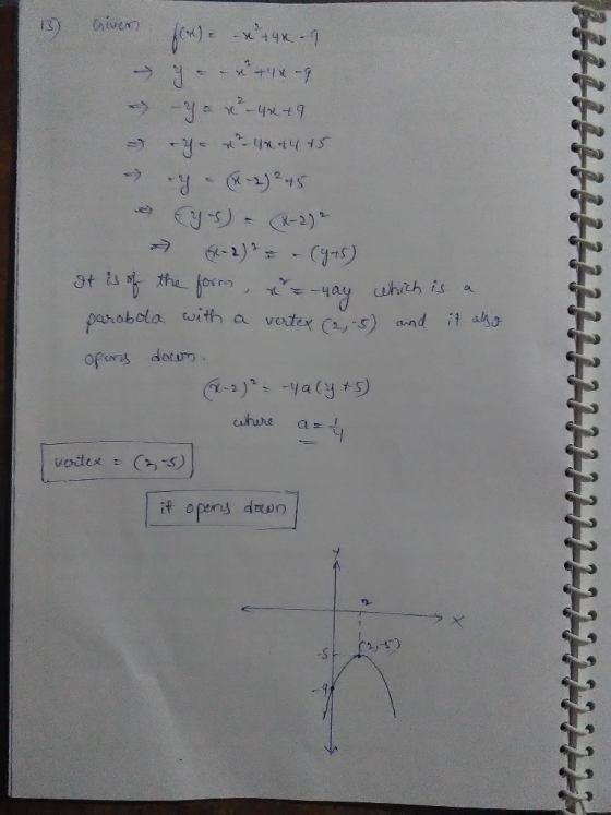 iver -> YC -> e -1)-(5) the forrn -4ay uhith ts parabola with a veter (-5) and 3t is a aho Ofens docm. -2)2a) uhere vertex to