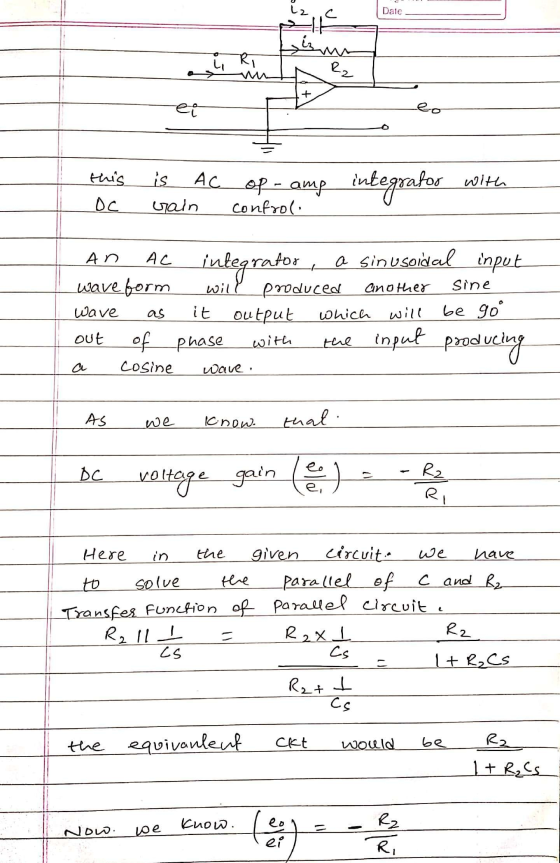Date Linn Ri Rz ei eo this is AC op - amp integrator with rain confrol. integrator An Ас. a sinusoidal input wave form will
