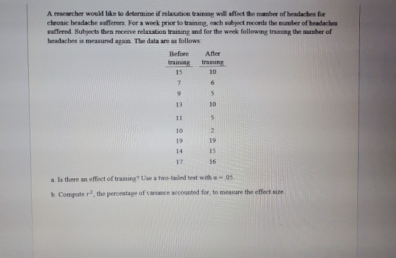 A researcher would like to determine if relaxation training will affect the number of headaches for chronic headache sufferer